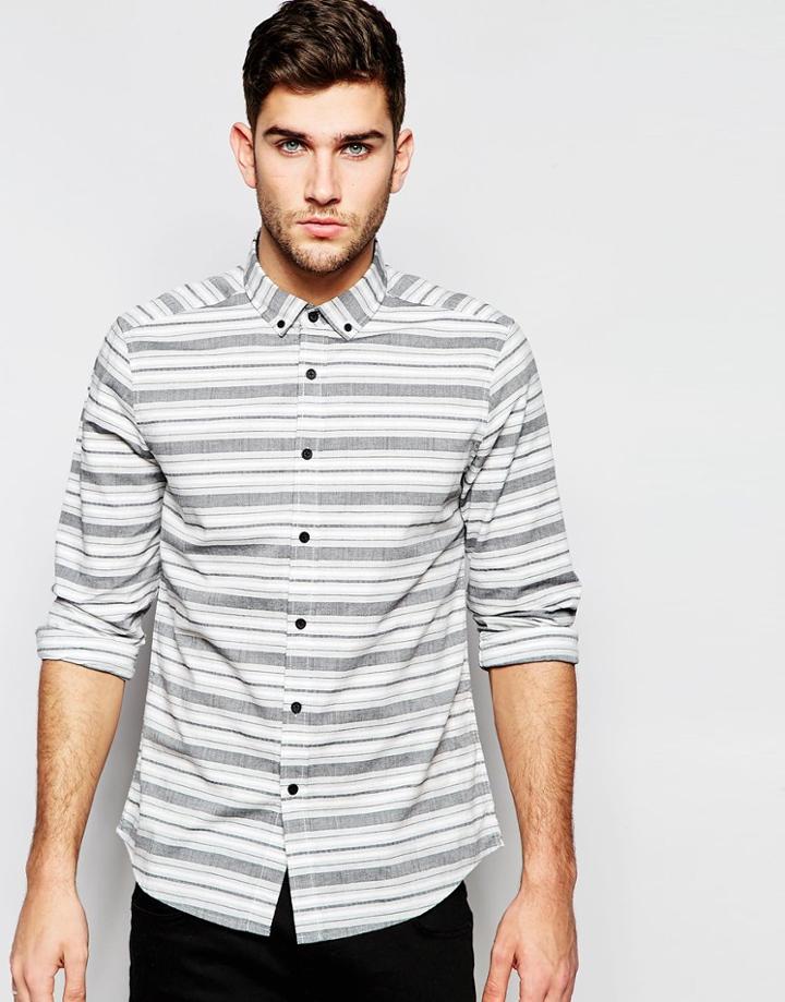 Asos Textured Stripe Shirt In Long Sleeve - White