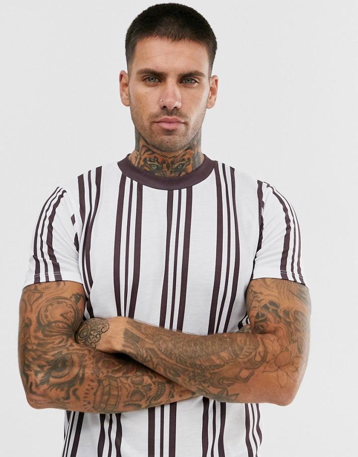 Asos Design Vertical Stripe T-shirt In Burgundy And White-multi