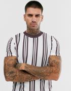 Asos Design Vertical Stripe T-shirt In Burgundy And White-multi