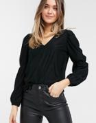 Pieces Long Sleeve V Neck Blouse In Black
