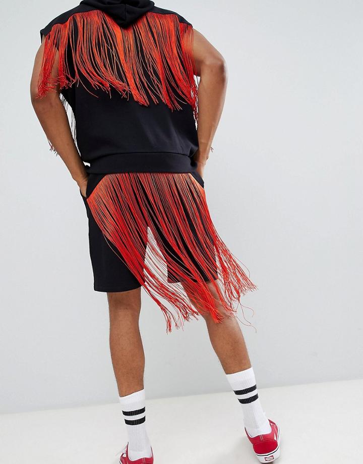 Asos Design Two-piece Festival Jersey Short With Fringing - Black