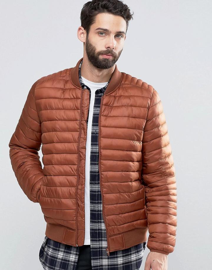 Asos Quilted Bomber Jacket In Rust - Orange