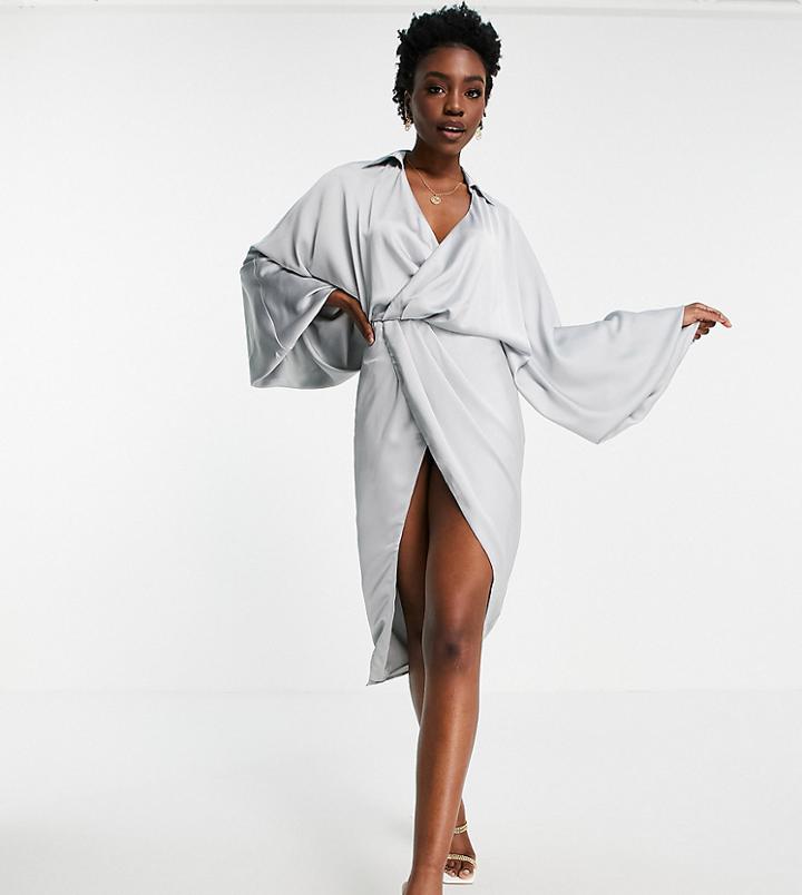 Asos Design Tall Blouson Sleeve Satin Shirt Dress With Open Back In Ice-blues