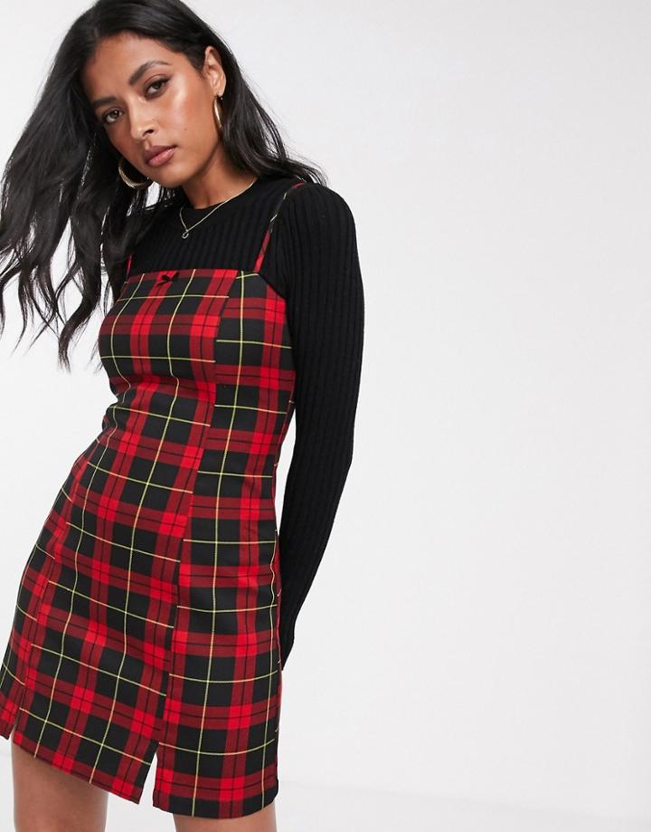 Stradivarius Strappy Mini Dress In Red Check