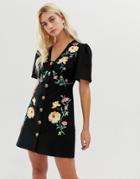 Asos Design Embroidered Button Through Mini Tea Dress-black