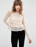 Asos Top With Ruffle Collar In Lace - Pink
