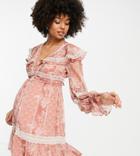 Asos Design Maternity Lace Insert Mini Dress With Ruffle Detail And Button Up In Pink Floral-multi