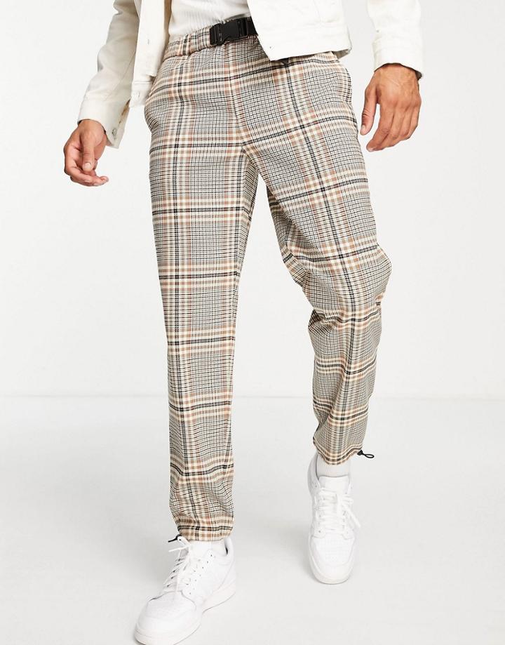 Topman Relaxed Neutral Check Pants In Brown With Belt And Bungee Cord Hem