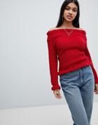 Ax Paris Off Shoulder Frill Detail Sweater - Red