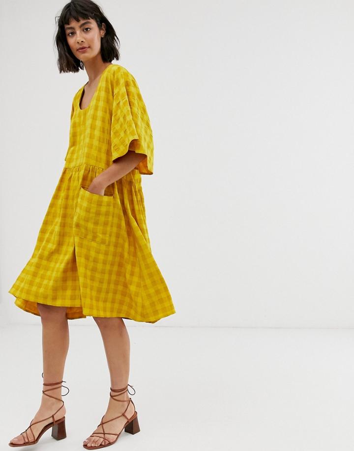 Asos White Self Check Smock Dress With Pockets-yellow