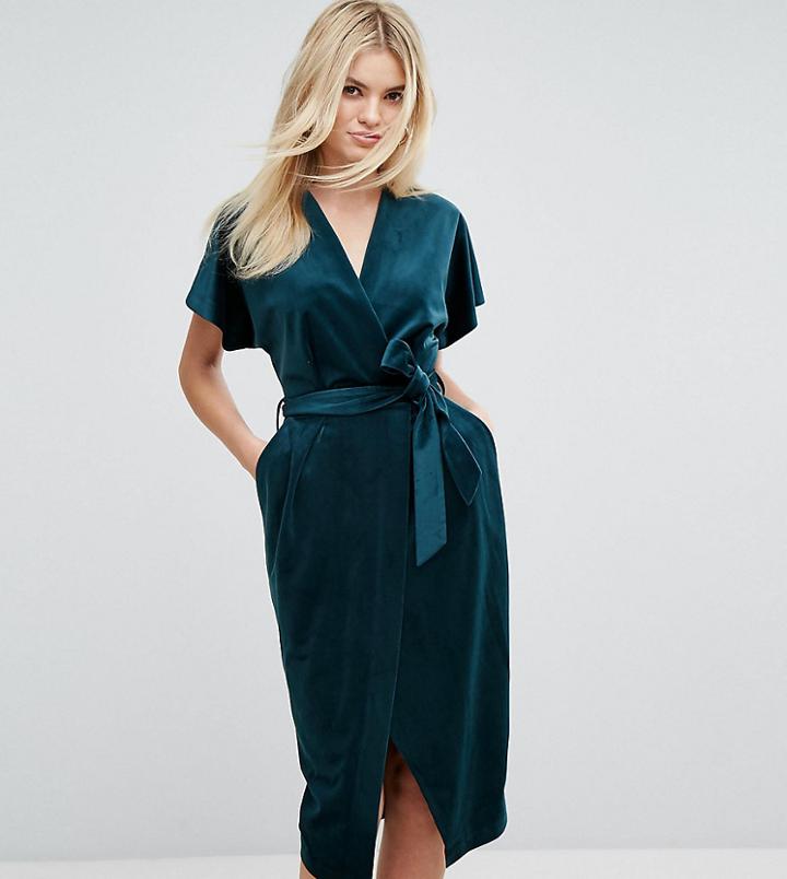 Closet London Premium Allover Velvet Wrap Dress With Kimono Sleeve-green