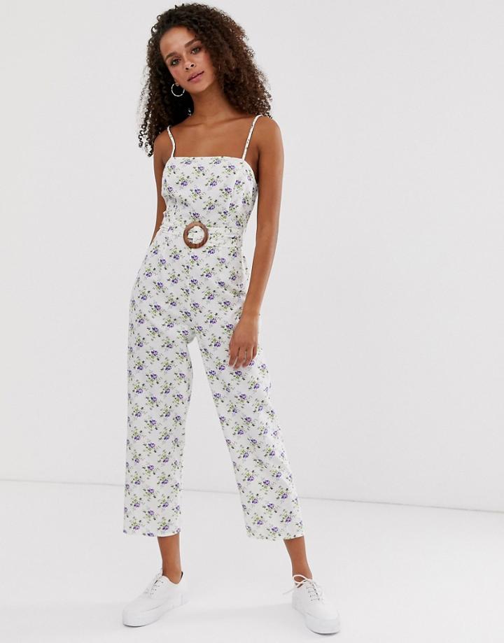 Asos Design Strappy Pinny Belted Jumpsuit In Floral Print-multi