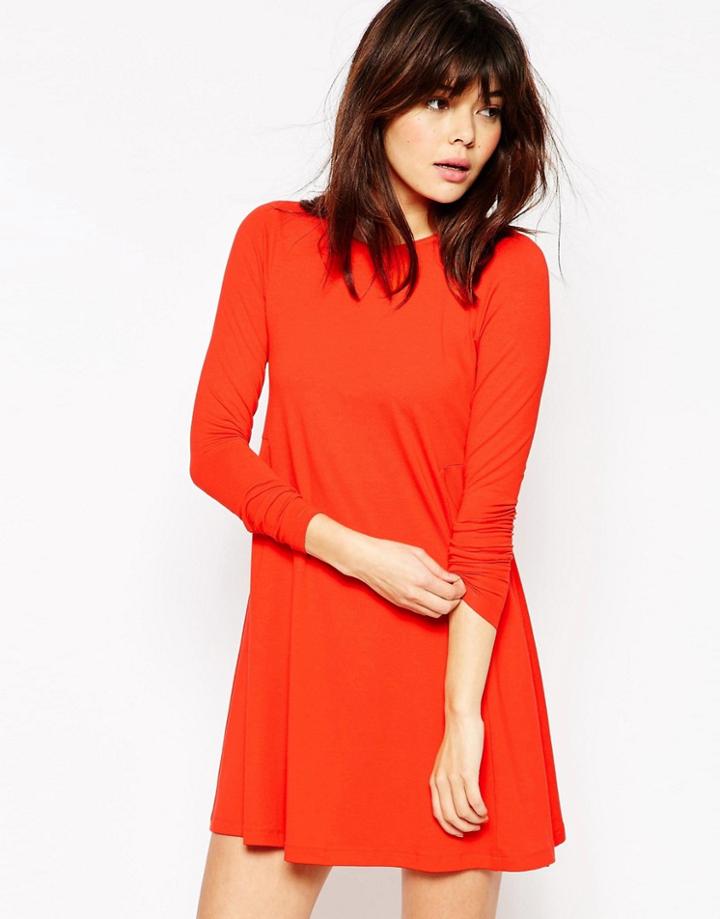 Asos Swing Dress With Long Sleeves And Seam Detail - Red