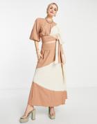 Asos Design Midaxi Skirt With Side Split In Color Block-pink