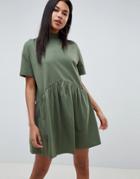 Asos Design Oversized Mini Cotton Smock Dress With High Neck - Green