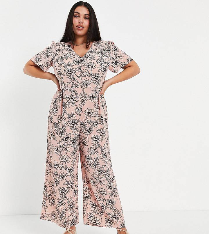 Asos Design Curve Bubble Crepe Tea Button Front Jumpsuit In Sketch Floral-multi