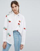 Neon Rose Oversized Shirt With Floral Embroidery - White