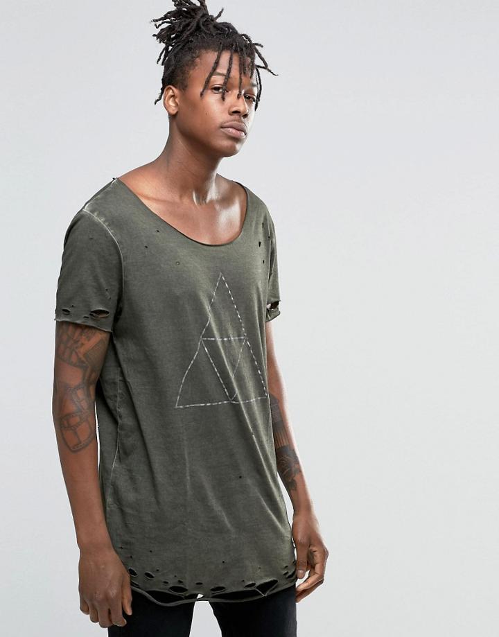 Asos Super Longline T-shirt With Print And Heavy Distressing In Green - Green