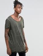 Asos Super Longline T-shirt With Print And Heavy Distressing In Green - Green