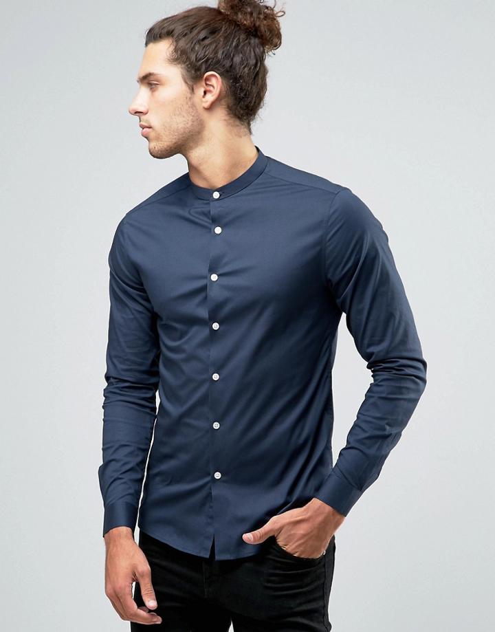 Asos Skinny Shirt In Navy With Grandad Collar - Navy