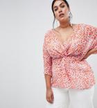 Asos Design Curve Knot Front Top With Kimono Sleeve In Animal Print - Multi