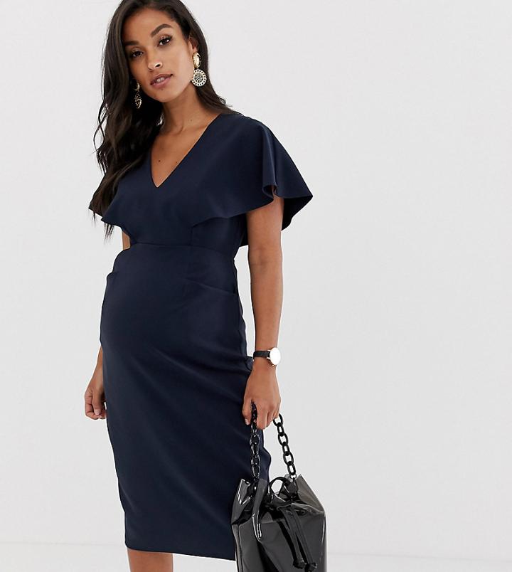 Asos Design Maternity Angel Sleeve Midi Pencil Dress In Navy