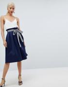 Asos Scuba Midi Prom Skirt With Stripe Belt Detail - Navy