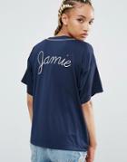Pull & Bear Slogan Back Satin Top - Navy