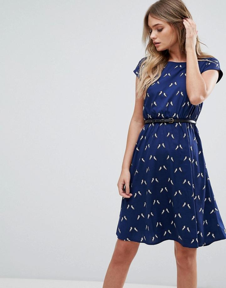 Yumi Belted Skater Dress In Unicorn Print - Navy