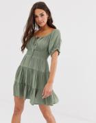 Asos Design Tiered Mini Skater Dress With Shirred Waist - Green