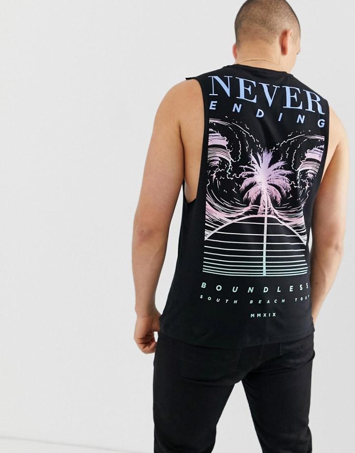 Asos Design Organic Cotton Sleeveless T-shirt With Palm Tree Back Print And Roman Numerals - Black