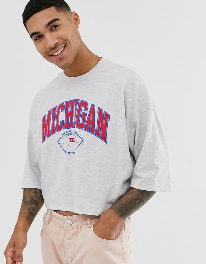 Asos Design Oversized Cropped T-shirt With City Print In White Marl
