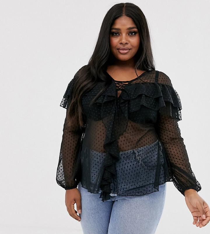Asos Design Curve Ruffle Tie Front Top In Dobby Mesh - Black
