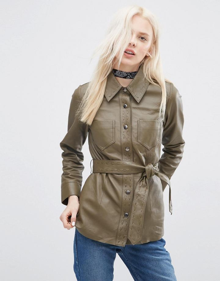 Asos Leather Jacket With Self Belt And Stab Stitch Detail - Khaki