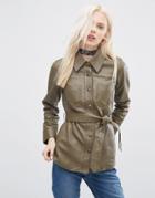 Asos Leather Jacket With Self Belt And Stab Stitch Detail - Khaki