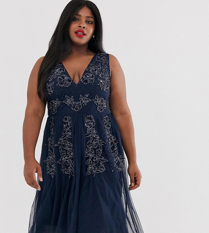 Maya Plus Plunge Neck Tonal Embellished Paneled Skater Dress In Navy