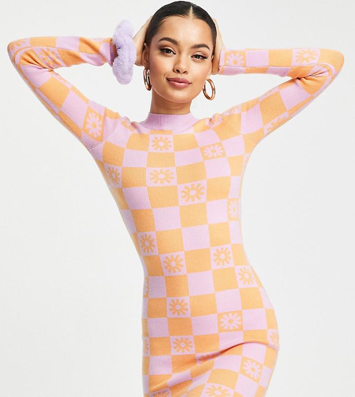 River Island Petite Knitted Crew Neck Mini Dress In Checkerboard Print-multi