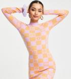 River Island Petite Knitted Crew Neck Mini Dress In Checkerboard Print-multi