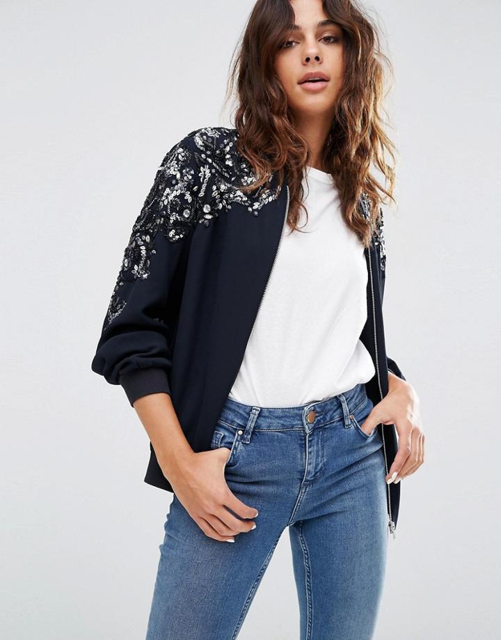 Asos Embellished Trophy Bomber - Navy