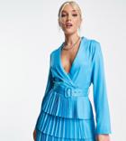 In The Style Exclusive Plunge Front Blazer Dress With Pleated Skirt In Blue