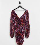 Asos Design Curve Plunge Long Sleeve Mini Dress In Multi Print