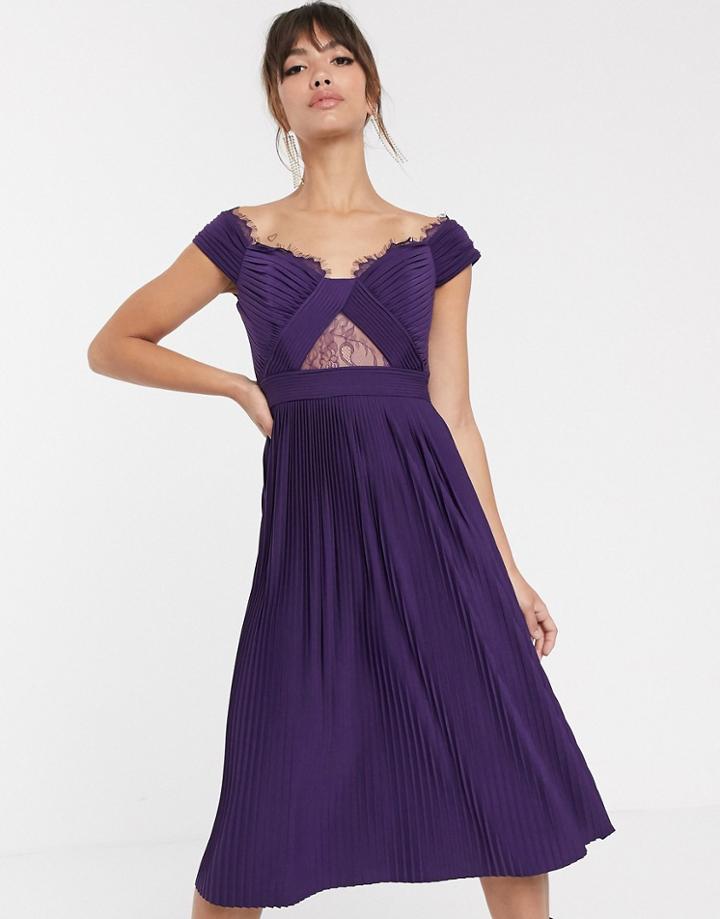 Asos Design Premium Lace And Pleat Bardot Midi Dress-purple