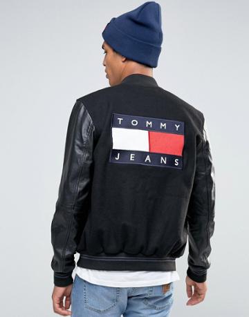 Tommy Jeans Varsity Wool Bomber Faux Leather Sleeves - Black