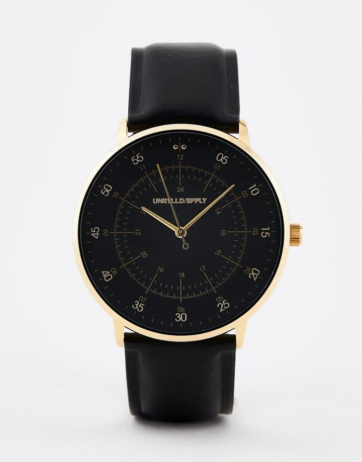 Asos Design Watch In Black Faux Leather With Gold Highlights - Black