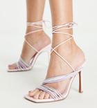 Asos Design Wide Fit Nest Strappy Tie Leg Heeled Sandals In Pink Pastel Mix