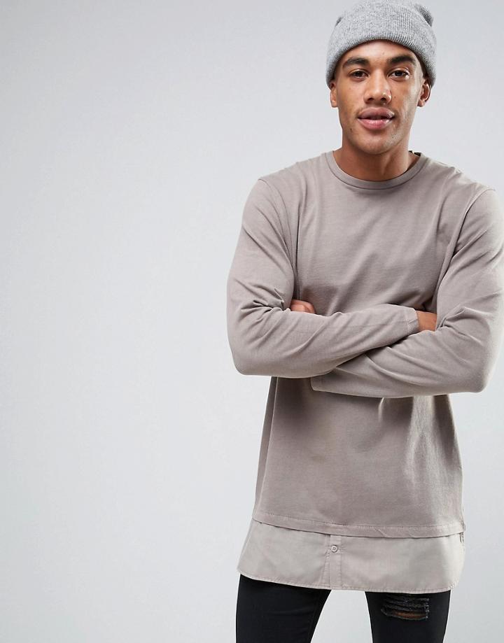 Asos Longline Long Sleeve T-shirt With Shirt Hem Underlayer - Gray