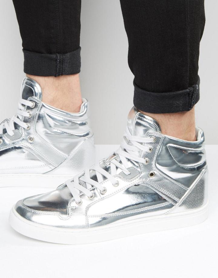 Asos Hi-top Sneakers In Silver With Panels - Silver