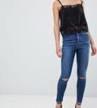 Asos Design Petite Ridley High Waist Skinny Jeans In Extreme Dark Stonewash With Button Fly And Ripped Knee - Blue