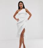 Asos Design Tall One Shoulder Tucked Peplum Pencil Midi Dress - White