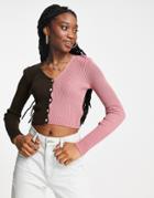 Daisy Street 90s Color Block Knitted Cardigan In Pink And Brown-multi